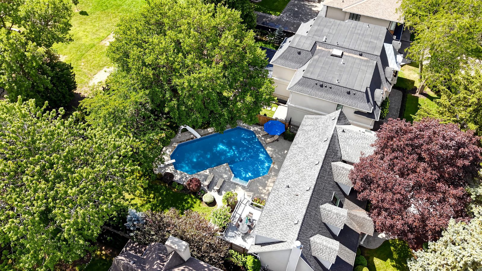 Aerial view of the house and pool