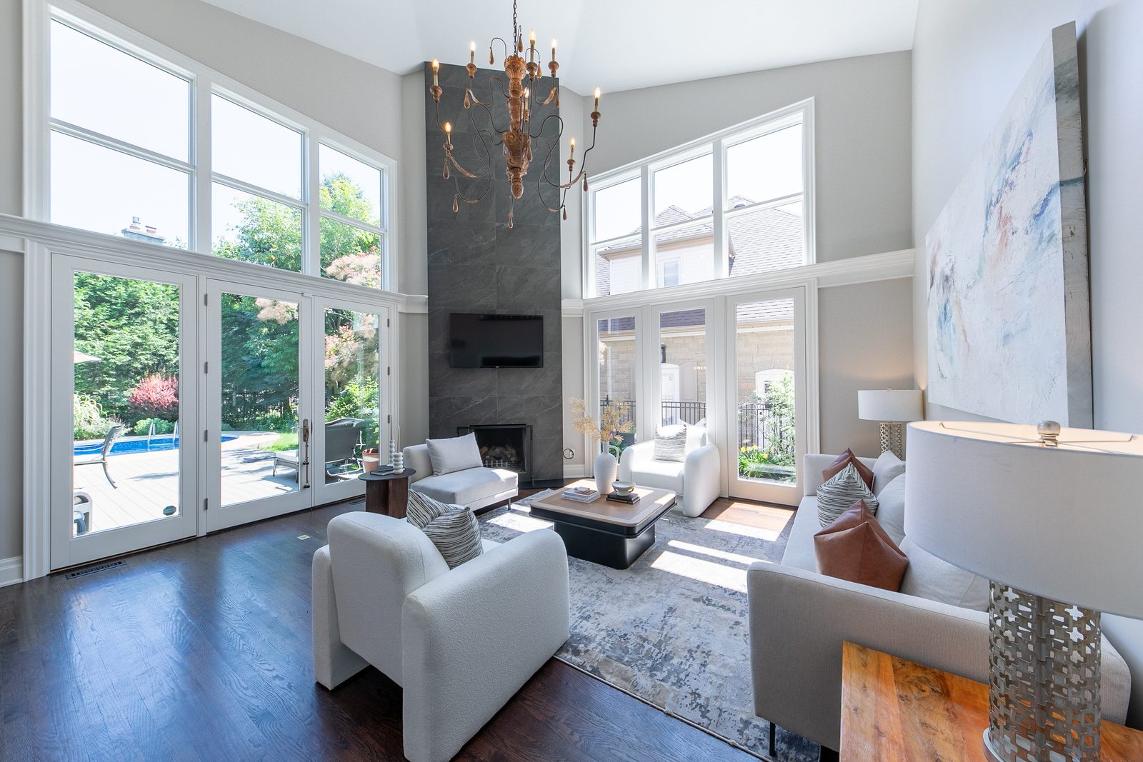 Sunlit two-storey living room at 69 Ryland, Oakville
