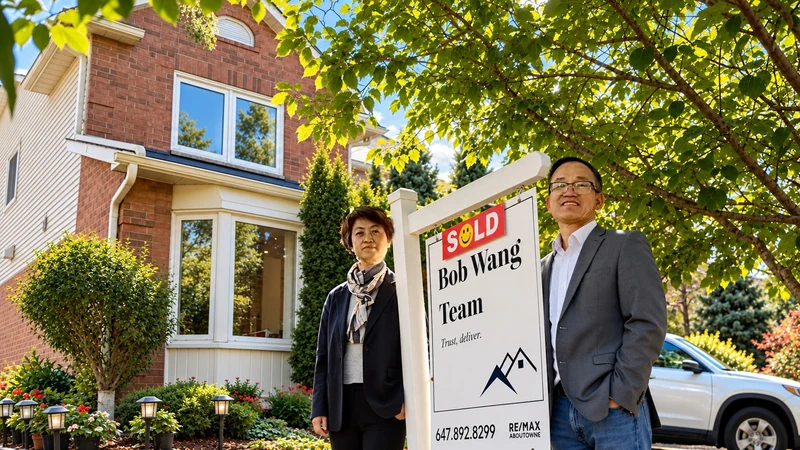 Bob Wang and Elisa Zhang beside the Sold sign at 2072 Glenada Crescent